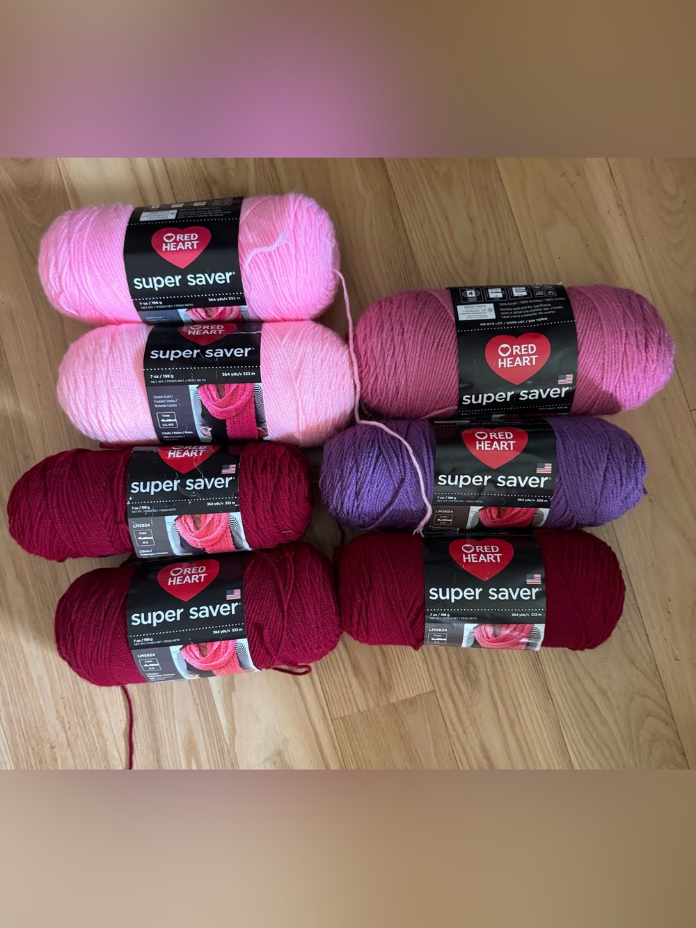 Red Heart Super Saver Yarn Lot 7 Skeins Pink Burgundy Purple Acrylic